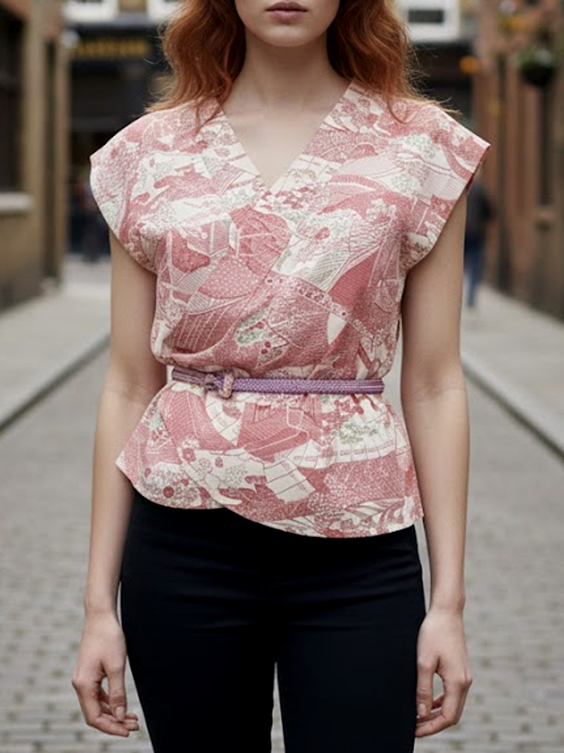 Kimono Style Silk Wrap Top with Obijime Belt